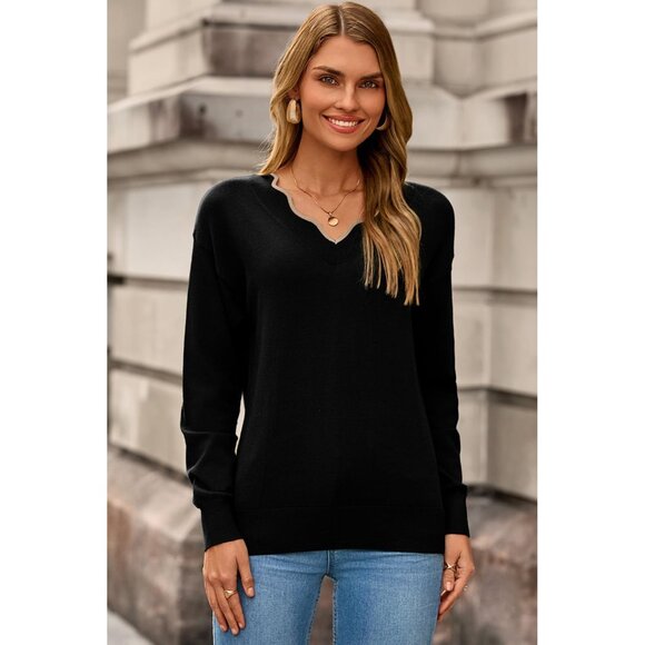 Women's V Neck Long Sleeve Knit Sweater Lightweight Casual Solid Top - Picture 2 of 5